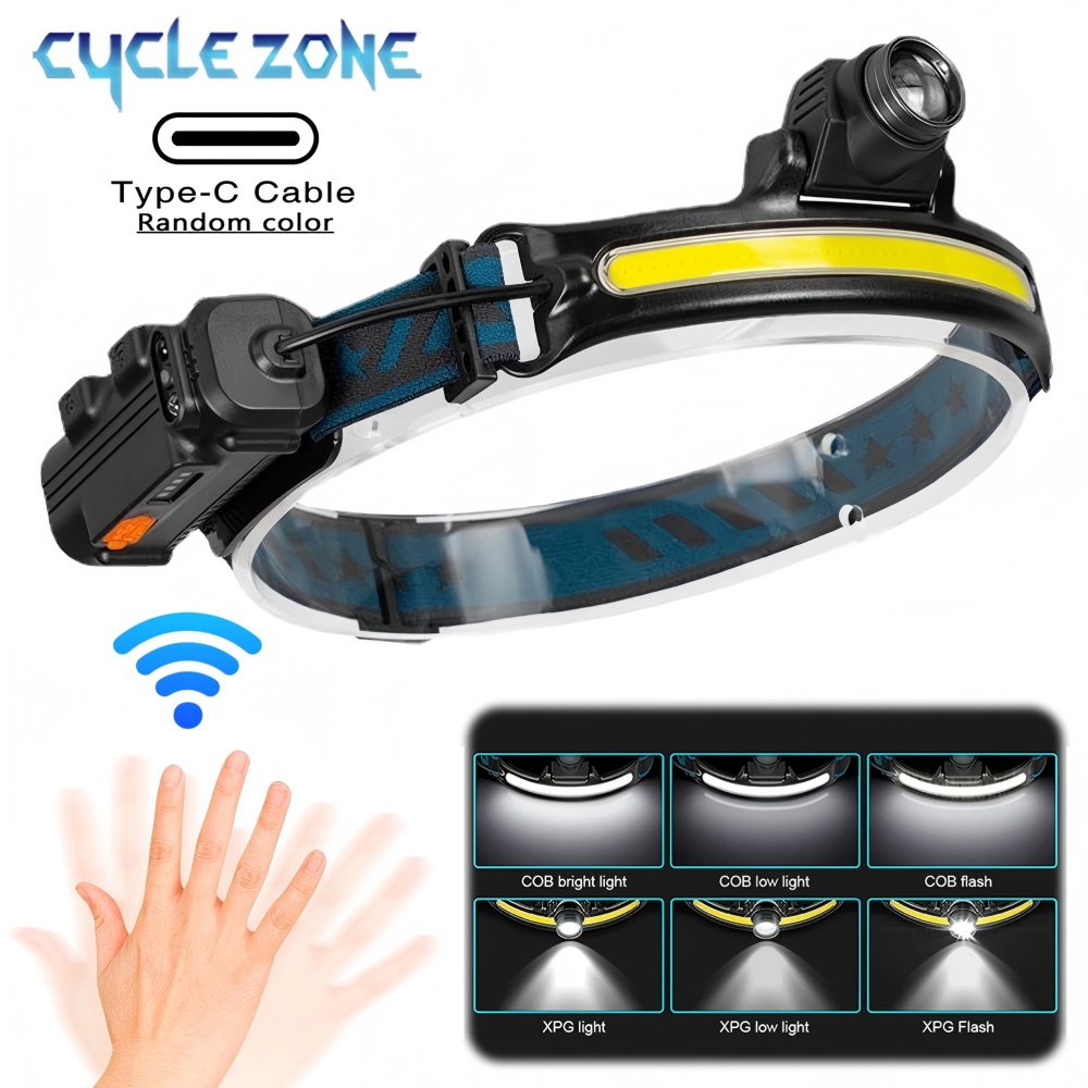 Outdoor Adventure Zone - ไฟหน้าเซนเซอร์ LED ที่มีประสิทธิภาพซูม COB ไฟหน้าแบบชาร์จไฟได้ไฟฉายในตัวแบตเตอรี่โคมไฟตกปลาตั้งแคมป์กลางแจ้ง